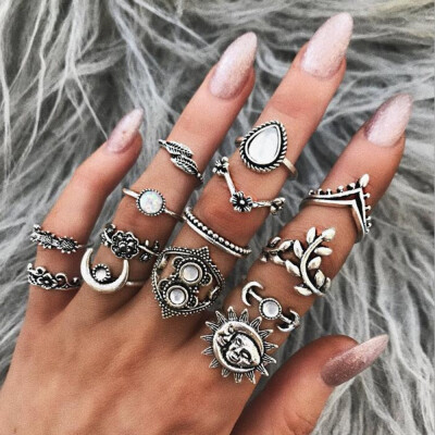 

14-PIECE Women\ Fashion Ring Vintage Leaf Moon Flower Bohemian Ring