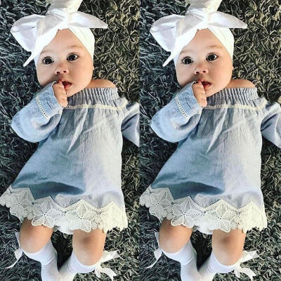 

Newborn Baby Girl Lace Off Shoulder Denim Dress Party Princess Hoilday Dresses