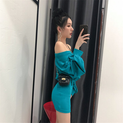 

Trend word collar dress 2018 autumn new fashion off-the-shoulder long-sleeved letter waist long skirt female