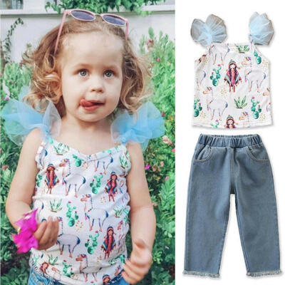 

2PCS Toddler Kids Baby Girls Summer Outfits T-shirt TopDenim Pants Clothes Set