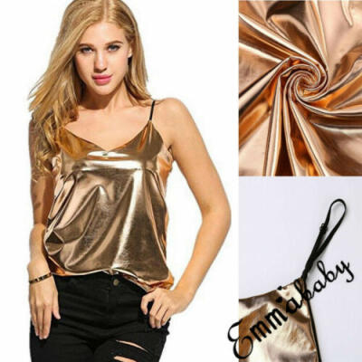 

UK Womens Sexy Metallic Summer Vest Sleeveless Tank Gold Silver Solid V-Neck Top