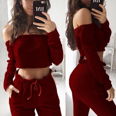 

2pcs Women Crop Top Blouse Off Shoulder Shirt Pants Leggings Trouser Outfit