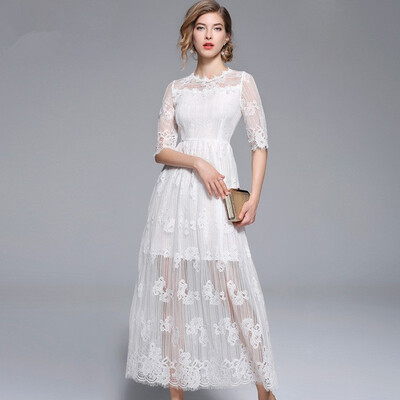 

White Maxi Dresses Women New Hollow Out Stitching Lace Vestidos Femme Work Casual Slim Sexy Party Long Dress