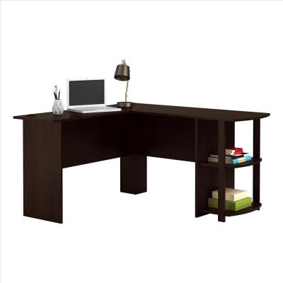 

Shaped Computer Desk Wood Office Corner Laptop Study Table 2-Layer Bookshelves