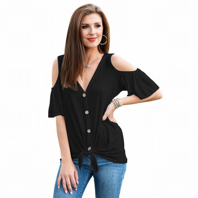 

Womens V-neck single-breasted short-sleeved solid color knotted loose top