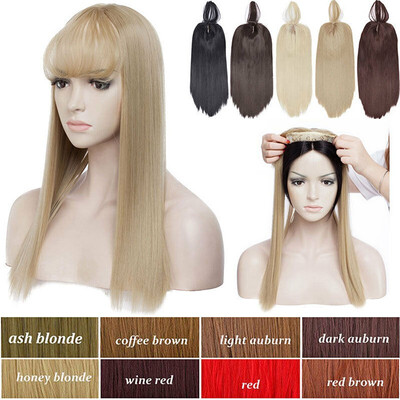 

17" Long Straight Hair Topper With Thin Air Bangs Clip In Hair Middle Part Synthetic Hairpiece For Women