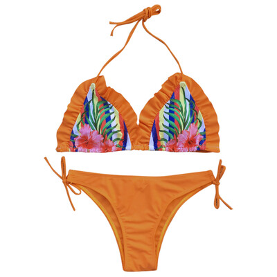 

Halter Neck Backless Padded Floral Print Ruffle Low Waist Women Bikini Set