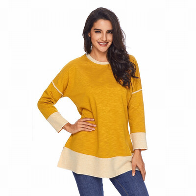 

Two-color stitching round neck long-sleeved bottoming shirt sports casual straight top