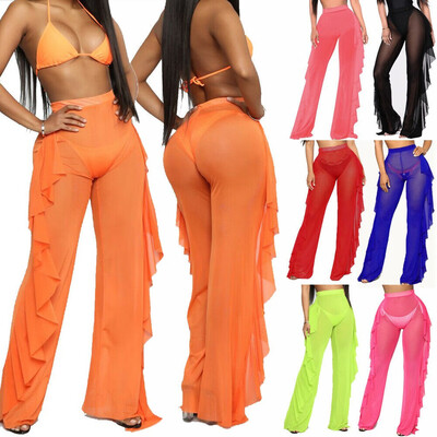 

Women Full Length Wide Leg Trousers Party Mesh Sheer Ruffle Beach Cover Up Pants
