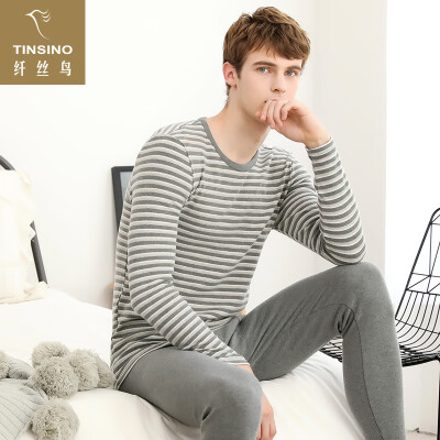 

Filament bird TINSINO thermal underwear personal men&women round neck stripes slim thick couple models autumn clothing long pants set horizontal strips sleepy dark gray