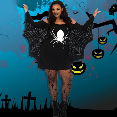 

Women Plus Size Halloween Costume Spider Webbing Print Off Shoulder Wing Sexy Fancy Holiday Dress Black