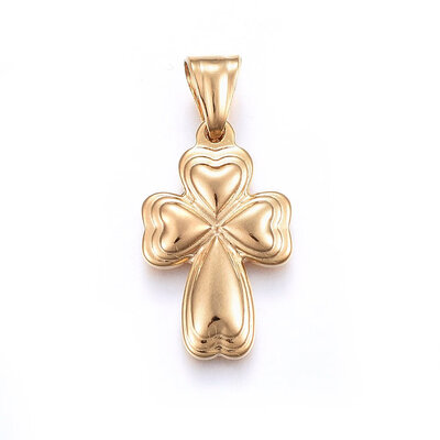 

304 Stainless Steel Pendants Large Hole Pendants Cross with Heart Golden 29x18x3mm Hole 9x5mm