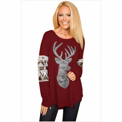 

Round neck long sleeve reindeer print sequin stitching casual straight shirt womens