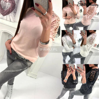 

Fashion Women Long Sleeve O-neck Blouse Ladies Lace Casual Top T Shirt Cotton