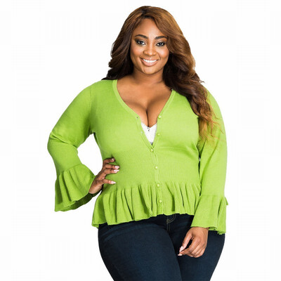 

V-neck long-sleeved plus size casual wool cardigan sweater womens