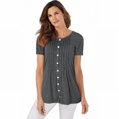 

Solid color regular outer wear T-shirt round neck short-sleeved single-row buttoned shirt