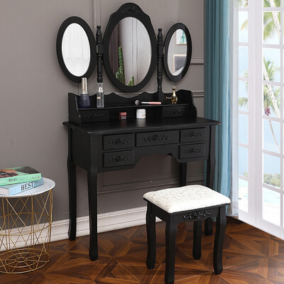 

Vanity Table Make Up Table Set wStool 7 Drawer & 3 Mirrors Fold Black