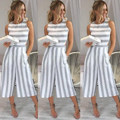 

2018 Women&39s Summer Casual Sleeveless Stripe Jumpsuit Loose Trousers