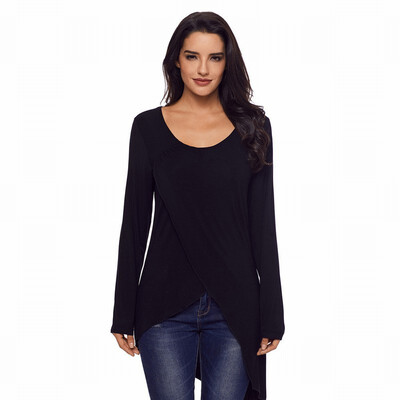 

Solid color round neck long sleeve hem shirt style long casual top