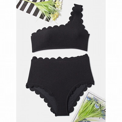 

Sexy one-shoulder bra bikini solid color oblique collar sleeveless high waist split swimsuit