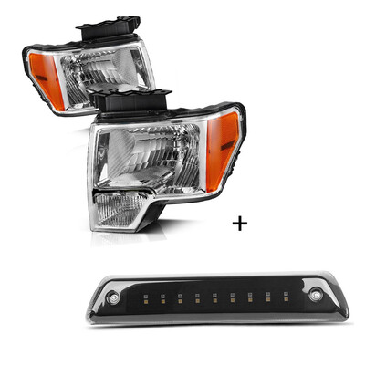 

For 2009-2014 Ford F-150 Chrome Headlights Pair LED Rear 3rd Third Stop Brake Lights Smoke