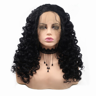 

Amazing Star Lace Frontal Long Curly Wave Wigs Black Color Heat Resistant Half Hand Tied Synthetic Hair Wigs