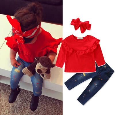 

3PCS Toddler Kids Baby Girls Clothes Outfits T-shirt Tops Denim Jeans Pants Set