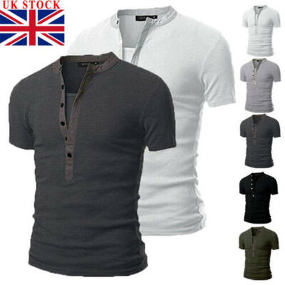 

UK New Mens Plain T-Shirt Slim Fit Buttons V Neck Muscle Top Casual Blouse Tee