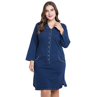 

Plus Size Denim Women Long Sleeve Buttons Casual Female Dress with Pockets