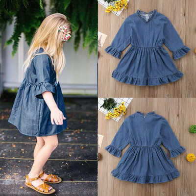 

Infant Toddler Baby Girls Long Sleeve Denim Dress Solid Princess Ruched Dress