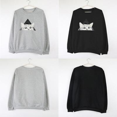 

Casual Women Autumn Geometric Cat Print Hoodies Solid Color O-neck Long Sleeves Pullover Top Sweatshirt