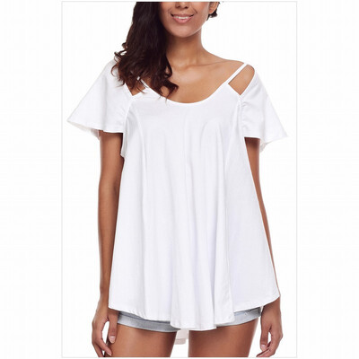 

Round neck short sleeve cross strap solid color casual straight T-shirt top