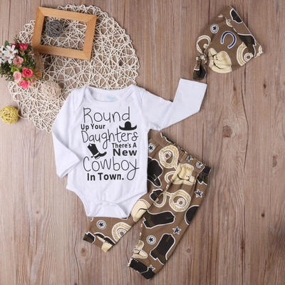 

Newborn Baby Boy Girl Cowboy Romper Pants Leggings Hat 3pcs Outfits Set Costume