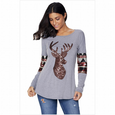 

Round neck long sleeve reindeer print sequin stitching casual straight shirt womens