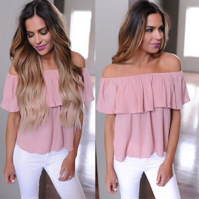 

Fashion Women Ladies Sexy Loose Ruffle Off Shoulder Tops Dusty T-Shirt Blouse