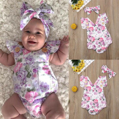 

Newborn Kids Baby Girl Flower Ruffle Romper Jumpsuit Headband Outfits Clothes