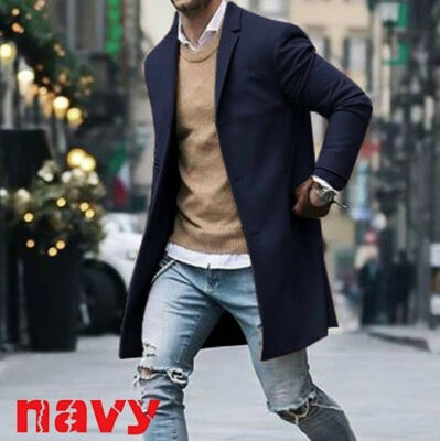 

Men Wool Coat Winter Trench Coat Outwear Overcoat Long Sleeve Button Up Jacket