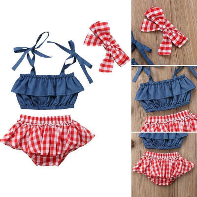 

3Pcs Baby Girls TopsLattice ShortsHeadband Set New Toddler Kid Denim Straps Clothes Outfits Set