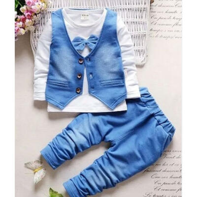 

Toddler Kids Baby Girl Boy Bow Tie T-shirts TopsDenim VestJean Pants Outfit Clothes Set