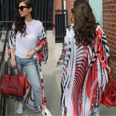 

Women Summer Trendy Casual Chiffon Cardigan Floral Kimono Boho Blouse Tops Coat