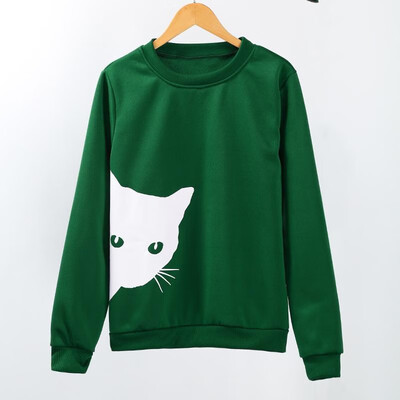 

Women Casual Sweatshirt Cat Print Long Sleeves Fleece Warm Hoodies Pullovers Outwear