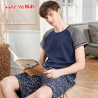 

Han Cai pajamas mens summer short-sleeved five-point shorts mens breathable can be worn outside summer shirt pants pajamas sleep pants mens home service suit Baolan 3XL