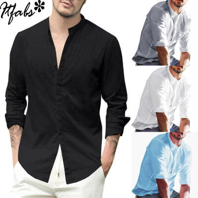 

US Casual Men Linen Shirts Button-Front Stand Collar Summer Cotton Shirt