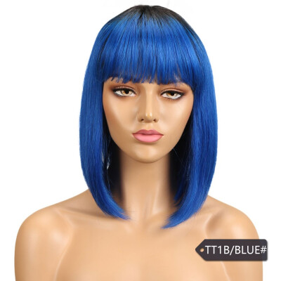 

Noble Blue Straight Human Hair Wigs With Bangs Brazilian Remy Hair Human Hair Wig Perruque Cheveux Humain Cheap Free Shipping