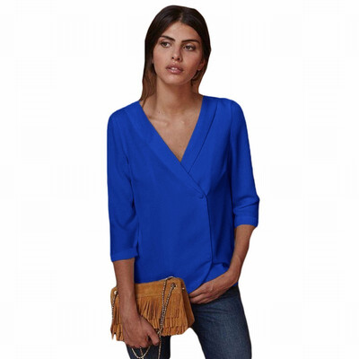 

Solid color V-neck button seven-point sleeve tooling white-collar professional womens shirt