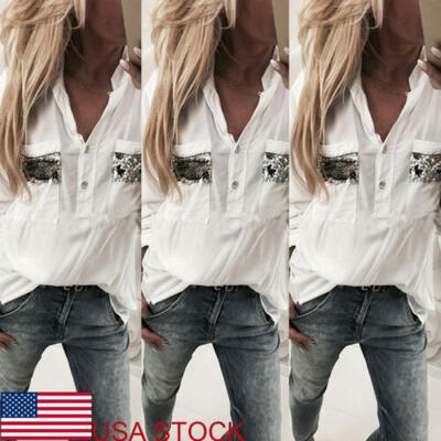 

USA Fashion Womens Long Sleeve Loose Blouse Casual Shirt Summer Tops T-Shirt