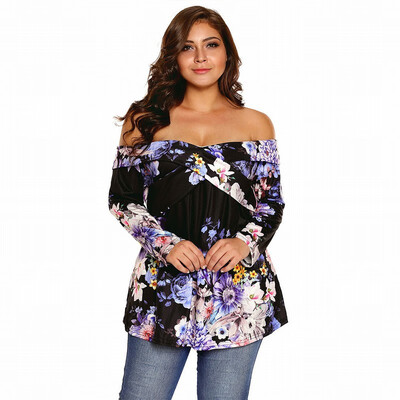 

Multi-color one-shoulder long-sleeved floral print retro straight top