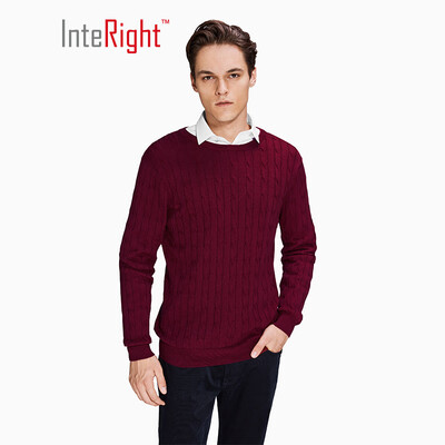 

INTERIGHT Mens Round Neck Long Sleeve Twisted Sweater Knitwear Wine Red