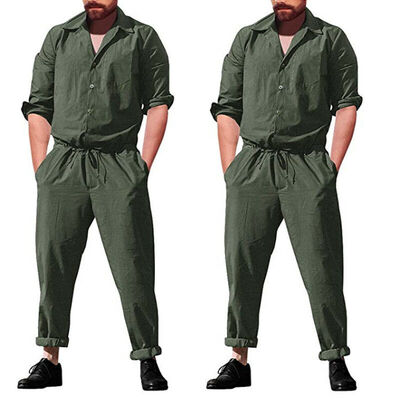 

Men Long Sleeve Solid Coverall One Piece Jumpsuits Cotton Pants Trouser Romper