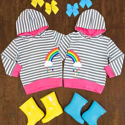 

Children Baby Girls Sister Hooded Striped Rainbow Print Party Sweater Clothes